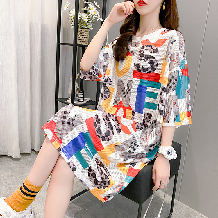 Real shot ~ 100 polyester summer net red new Korean version ins loose large medium length short sleeve T-shirt for women