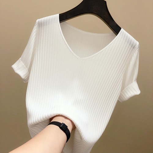 Summer new Korean collar loose thin air hole stripe ice silk knitted women's solid color short sleeve T-shirt