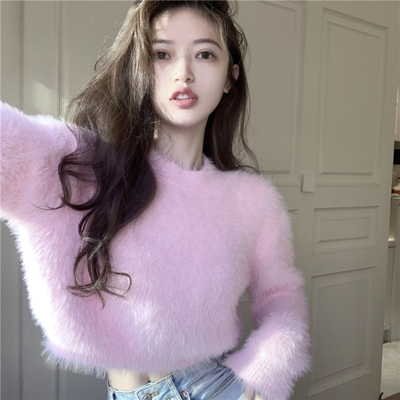 Real price real shot soft imitation mink sweater 2021 new lazy loose short Knitted Top