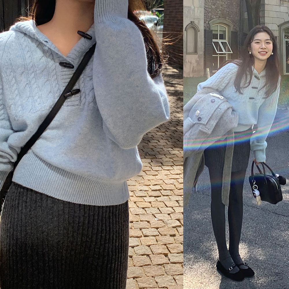 Photographed Lazy Insta Style Three-Bead Cow Horn Button Hooded Cashmere Cable Knit Sweater
