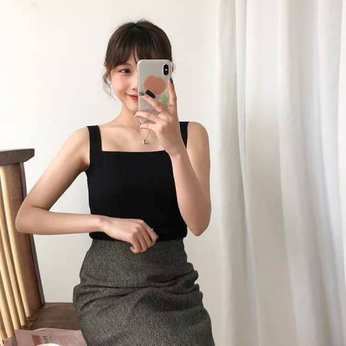 Knitted inside with sleeveless elegant suspender tank top women's summer white bottomed on the shoulders and square neck top
