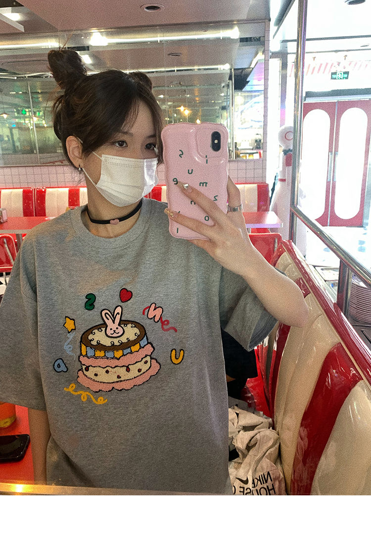 200g pure cotton back wrap collar girls cake towel embroidered short-sleeved women's 2023 new T-shirt top