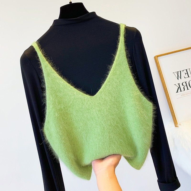 Imitation mink fleece warm spring and autumn coat sleeveless camisole women V-neck vest short top outer wear knitted sweater