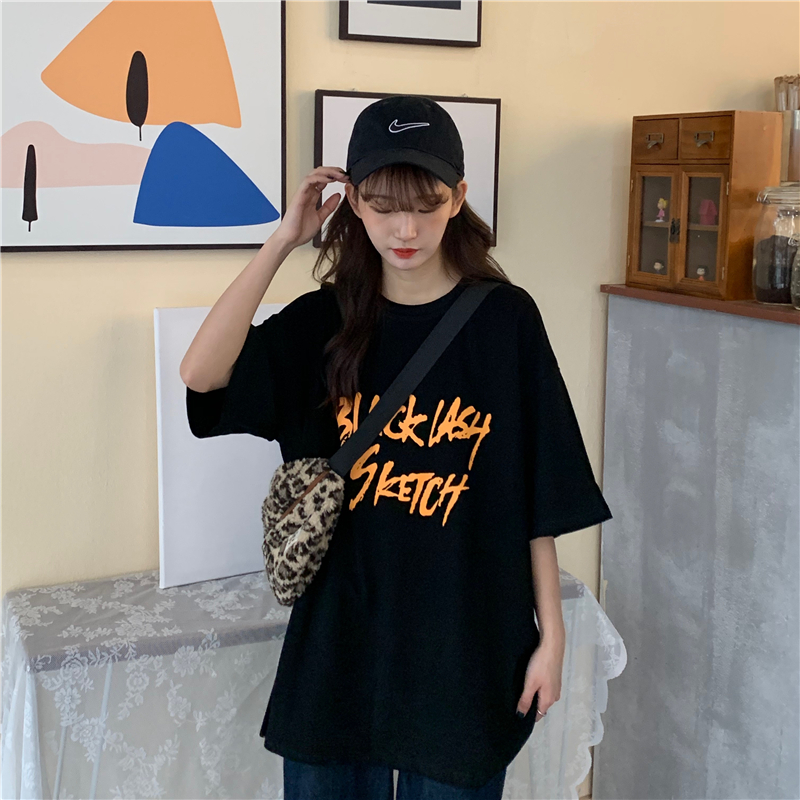 Real shot 2022 new summer clothes college style simple loose medium length top short sleeve T-shirt women