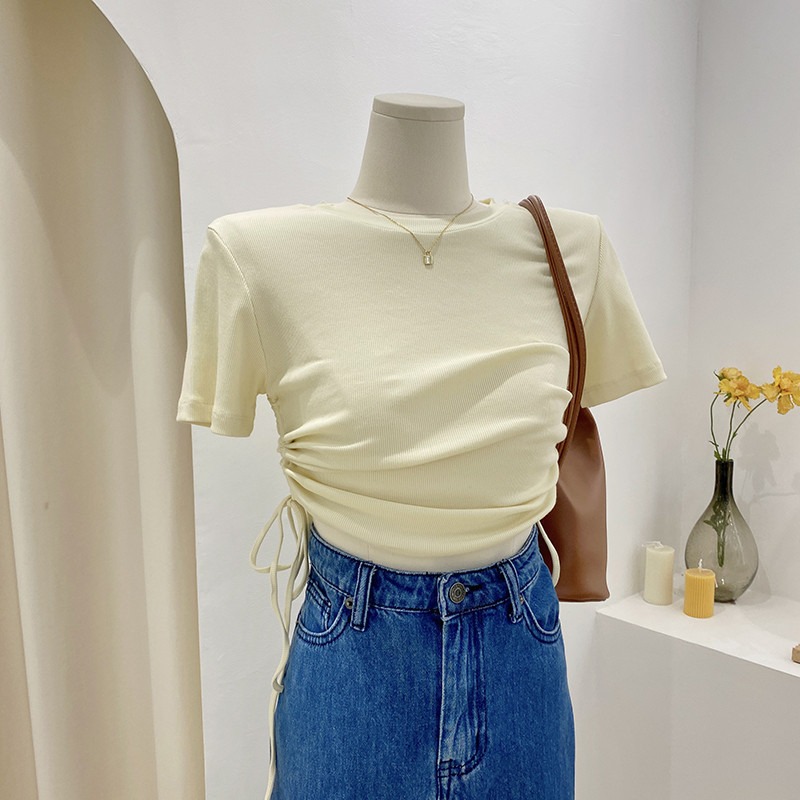 2022 summer drawcord design, slim fit, short sleeved women's top