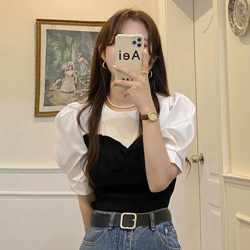 Vintage ice silk knitwear spring and summer new French bubble short sleeve splicing design sense of minority chic short top