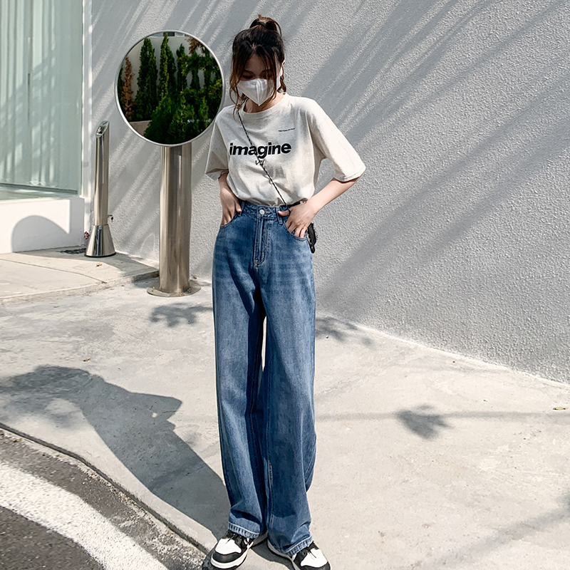 Real shooting new high straight tube wide leg jeans women's spring and summer fashion pocket chic design drag jeans