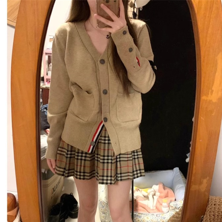 Sheep wool v-neck knitted cardigan jacket for women autumn Korean college style sweater slimming bottoming shirt top