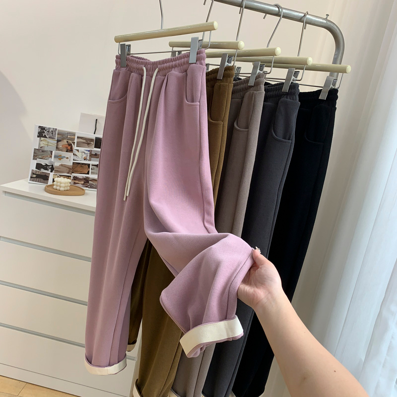 Huamian composite pink plus velvet thickened sports pants women's autumn and winter casual straight-leg pants Harlan radish grandma