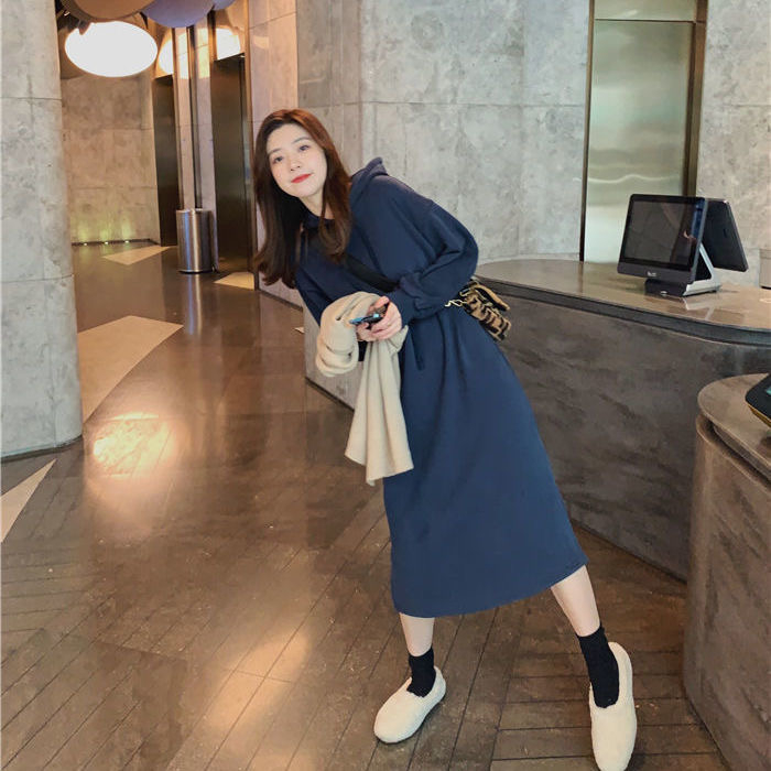 250g large sweater double hat Korean chic autumn and winter simple casual dress female 22 new sweater dress