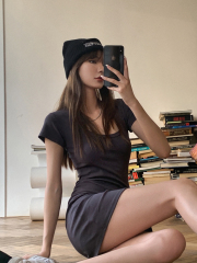 Real shot American retro slim fit elastic big collar light mature style high waist slim Short Sleeve Dress