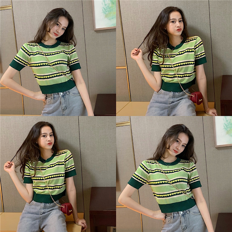 Real shot real price butter green knitted T-shirt short sleeve women's top ice Yarn Thin loose short T
