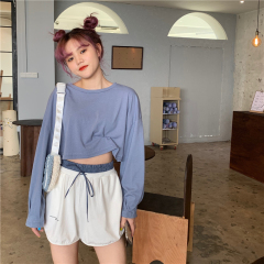 Real price solid color short design cuff pleated long sleeve T-shirt