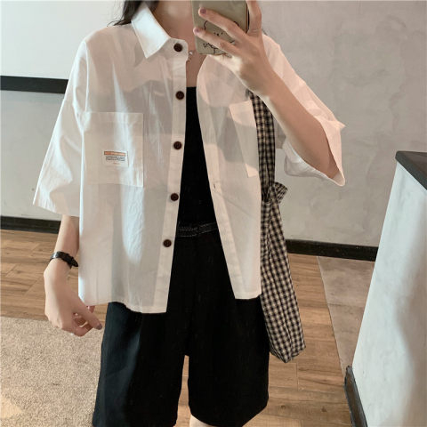 Small fresh tooling short-sleeved shirt female student retro summer new shirt loose student fashion foreign style top
