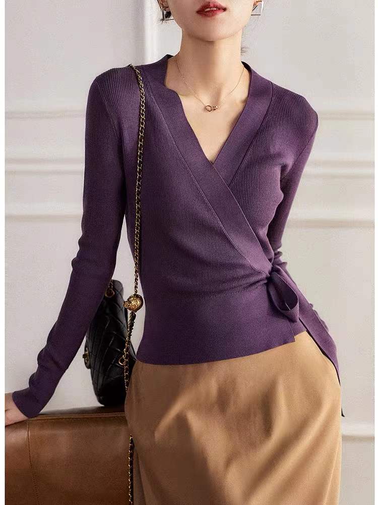 Wrap cross strap feminine wool slim fit V-neck wrap knit bottomed shirt