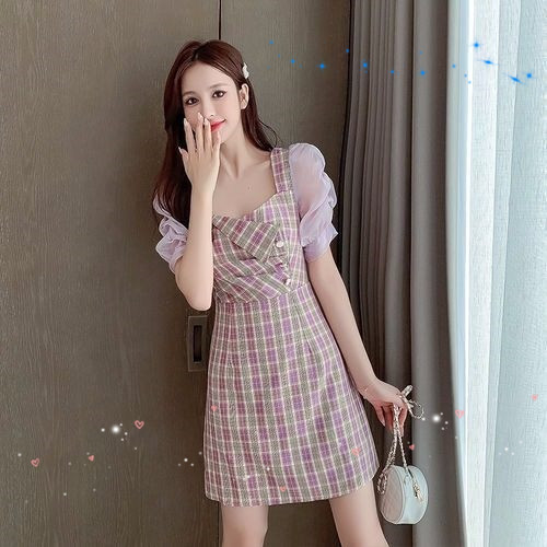 Cheongsam elegant Pink Plaid Dress 2022 summer new vintage square neck bubble sleeve temperament dress women