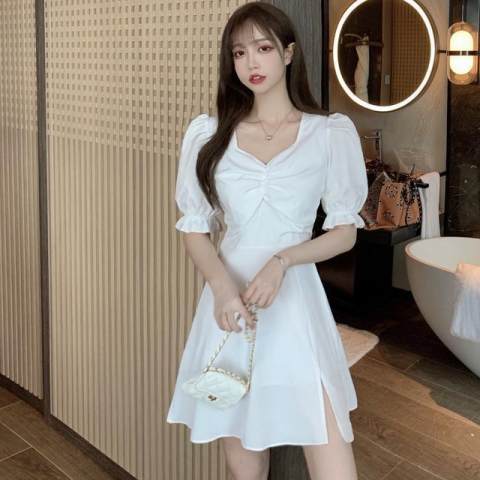 2022 summer new French Vintage Hepburn V-neck slim waistband careful machine sexy split dress children
