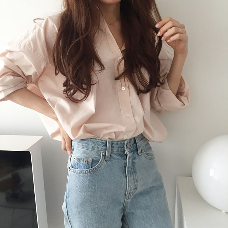 2022 spring and Autumn New Pink gentle style shirt Korean retro Hong Kong Style Long Sleeve versatile loose top women's shirt