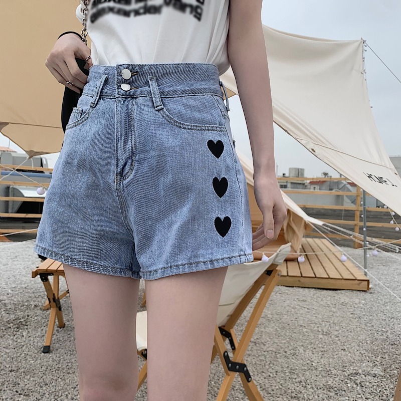 2022 summer new denim shorts women's love embroidery versatile high waist A-shaped hot pants show thin pants fashion