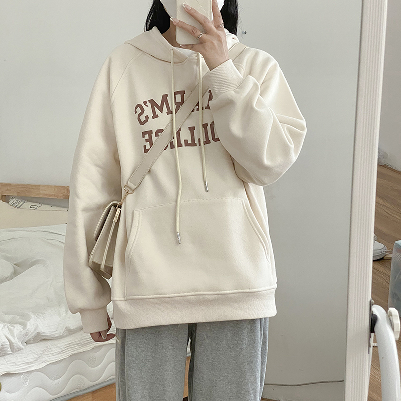 Cotton-like interwoven fabric Winter fleece sweater women's hooded printed long-sleeved top with double-layered hood