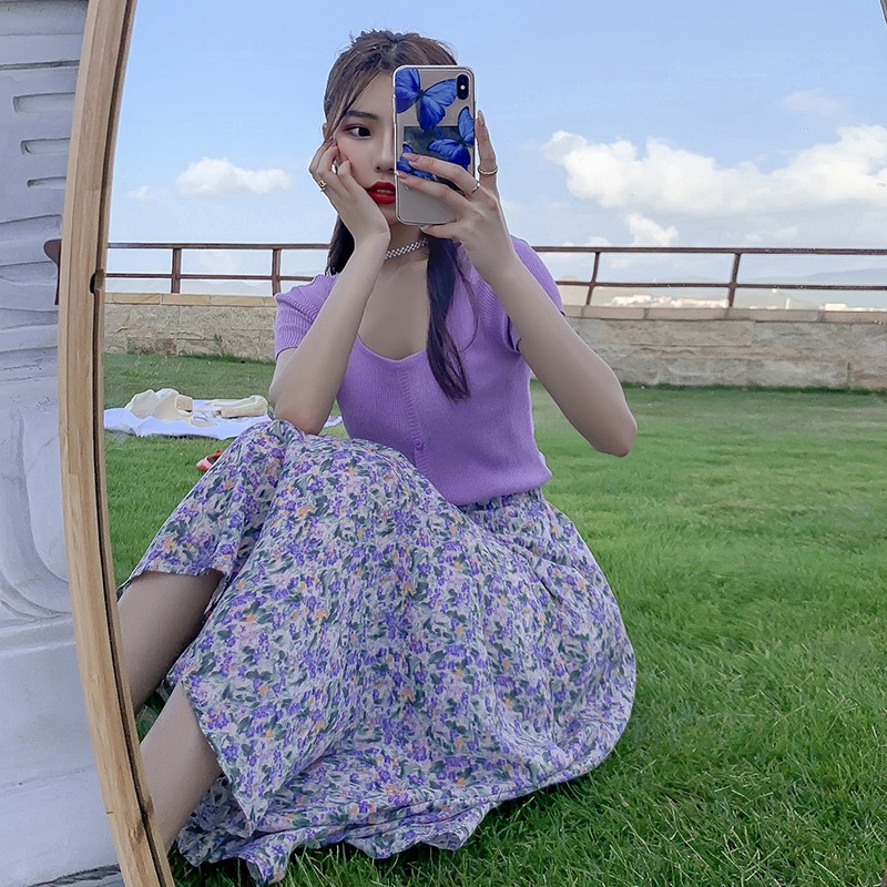 Hepburn wind fairy Purple Floral Skirt can be sweet and foreign, small and tall, female summer