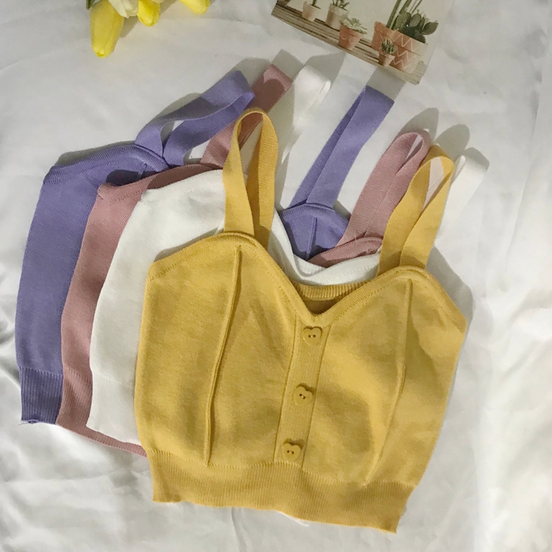 Sweet wind love button short navel exposed knitted vest women's slim fit in summer 2020 wearing suspender shirt outside