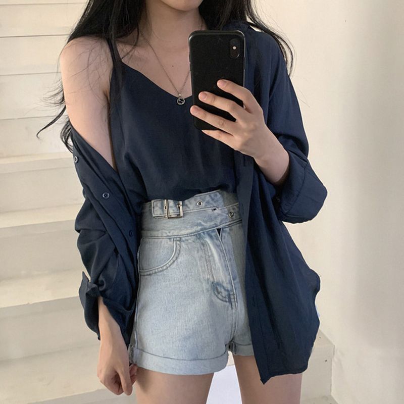 Korean chic women's Retro simple solid color Lapel shirt + suspender two-piece set