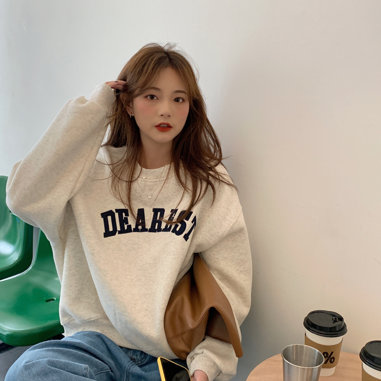 310 grams of imitation cotton interwoven fabric can not play the winter thickened fleece sweater women's round neck printing back bag