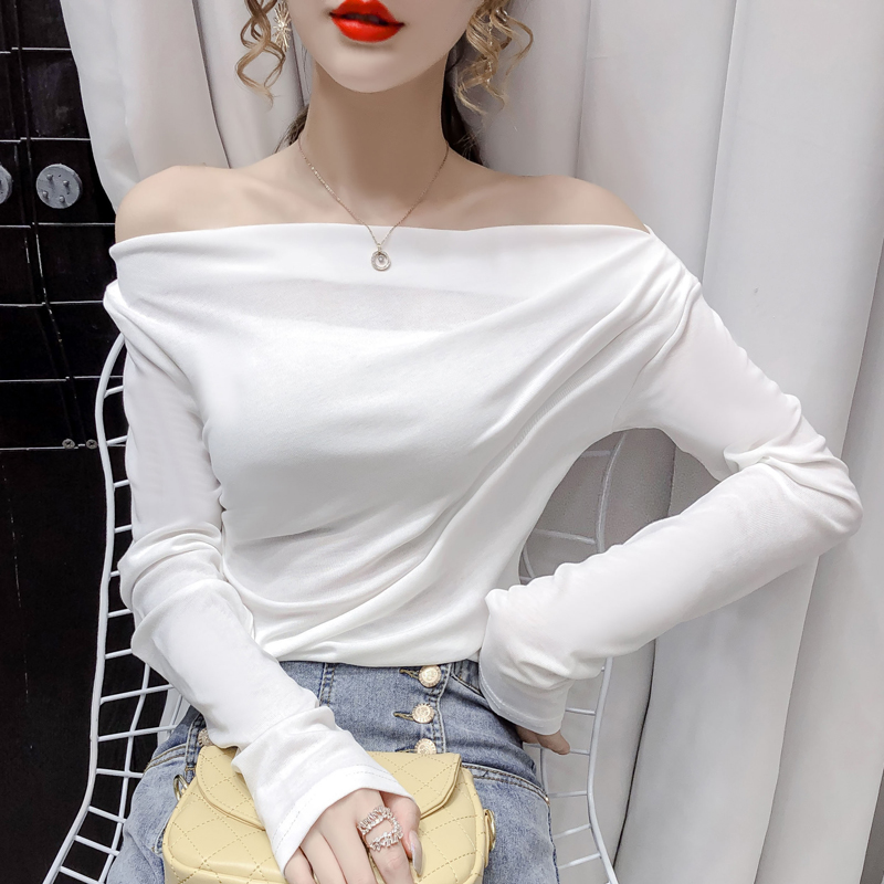 Real shot!  2022 autumn long-sleeved t-shirt slim fit two-piece one-word collar bottoming shirt to be thin and careful machine top