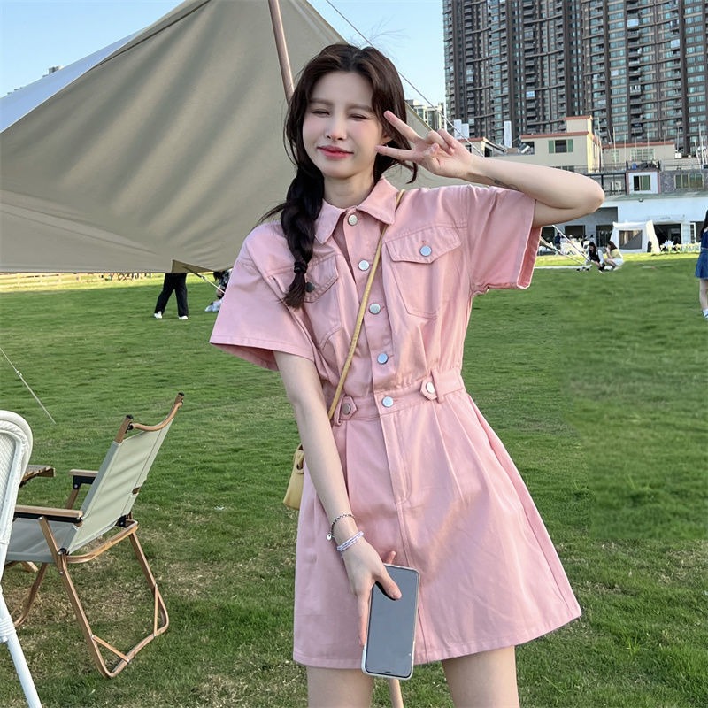Cowboy Dress Women's Summer 2022 New Hong Kong Taste Salt Sweet polo Neck Waist Short Sleeve Skirt