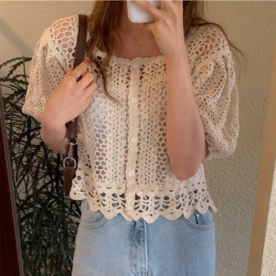 Korean Style Lace hand woven hollow knitted square collar cardigan