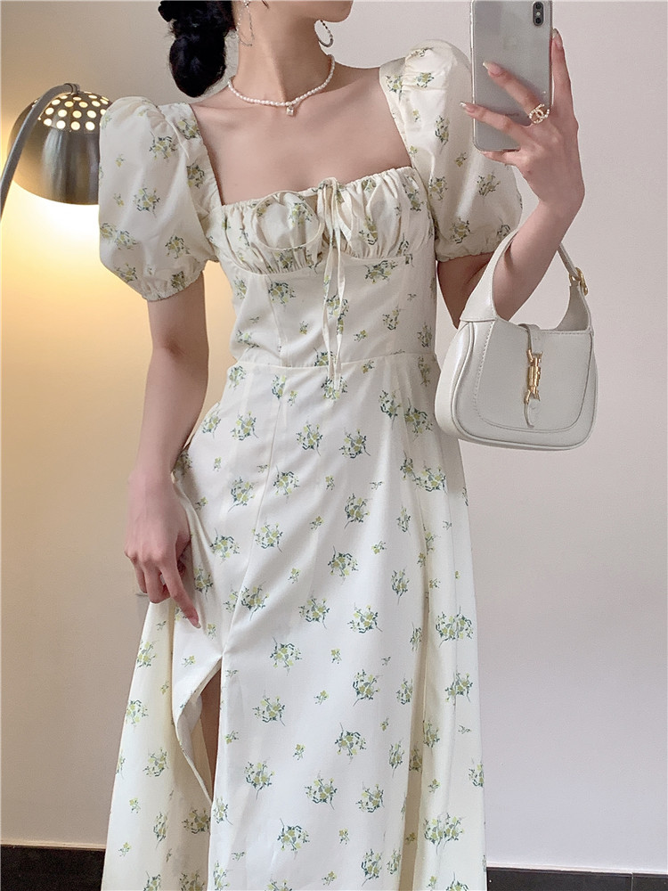 French Bubble Sleeves Fragmented Flower Skirt Women's Waist Up British Style Slim Street Shot Retro Soft Split Sweet Spicy Fried Street Dress