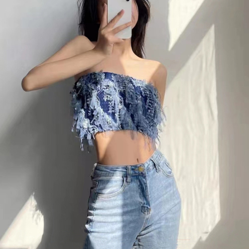 See niche design mesh denim Strapless hot girl top sexy inside with suspender vest for women to wear outside in summer