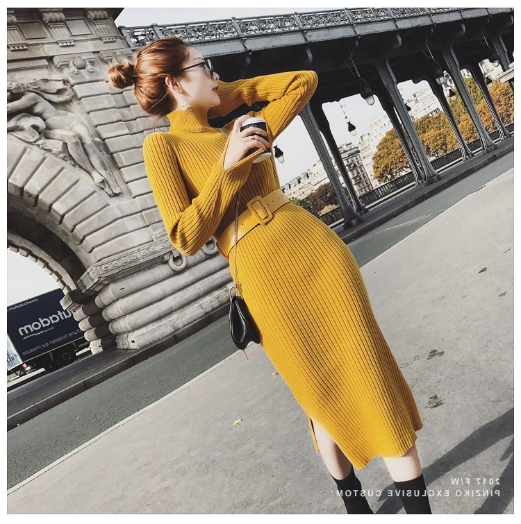 Autumn and winter mid length knitted dress women's slim over the knee one step bottoming wool dress