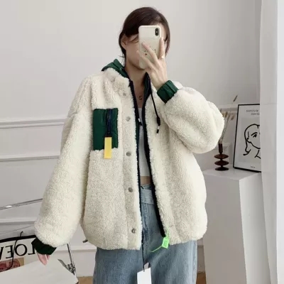 Autumn and winter new women's lamb wool fleece splicing clip cotton jacket