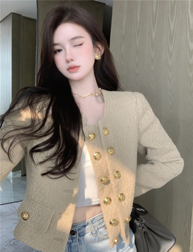 Real shot autumn French style small fragrance double-breasted temperament coat with shoulder pads for women