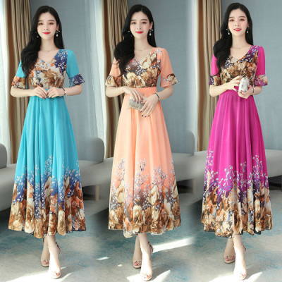 Spring and summer V-neck new fashion Korean ice silk print dress waist closing slim over knee super long skirt
