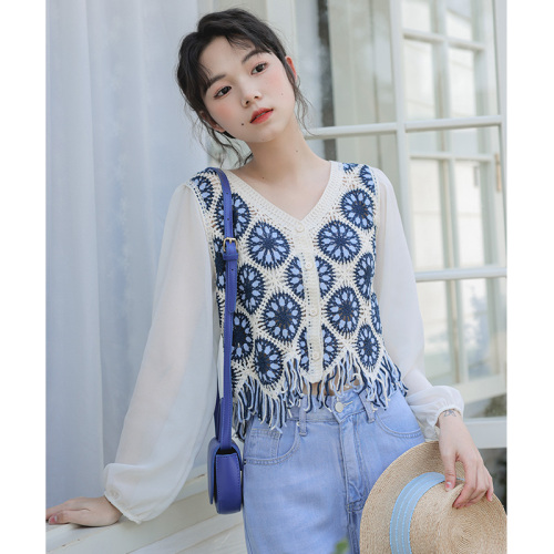 Small fresh student sweet lady lace jacket crochet chiffon fringed top women 23 summer