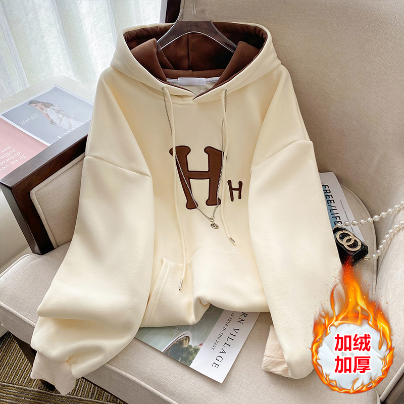 Official picture and actual price ~ Chinese cotton composite super soft back collar hemmed high-end hooded sweatshirt for women in autumn and winter plus velvet and thickening