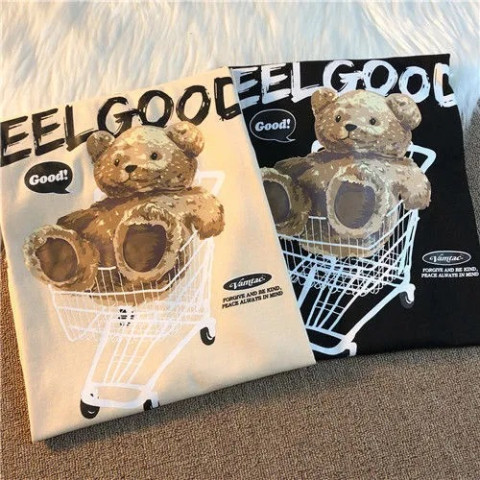 American retro fashion bear printed short sleeve T-shirt women's loose hip-hop Street minority lovers' wear