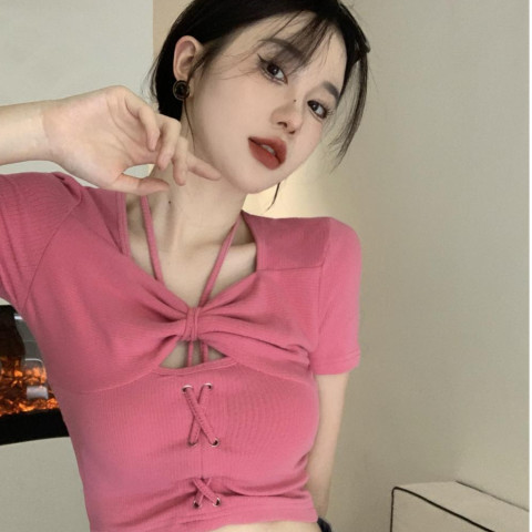 Pure desire and careful machine summer short T-shirt self-cultivation hot girl bow short-sleeved front shoulder sweet and spicy CHIC top