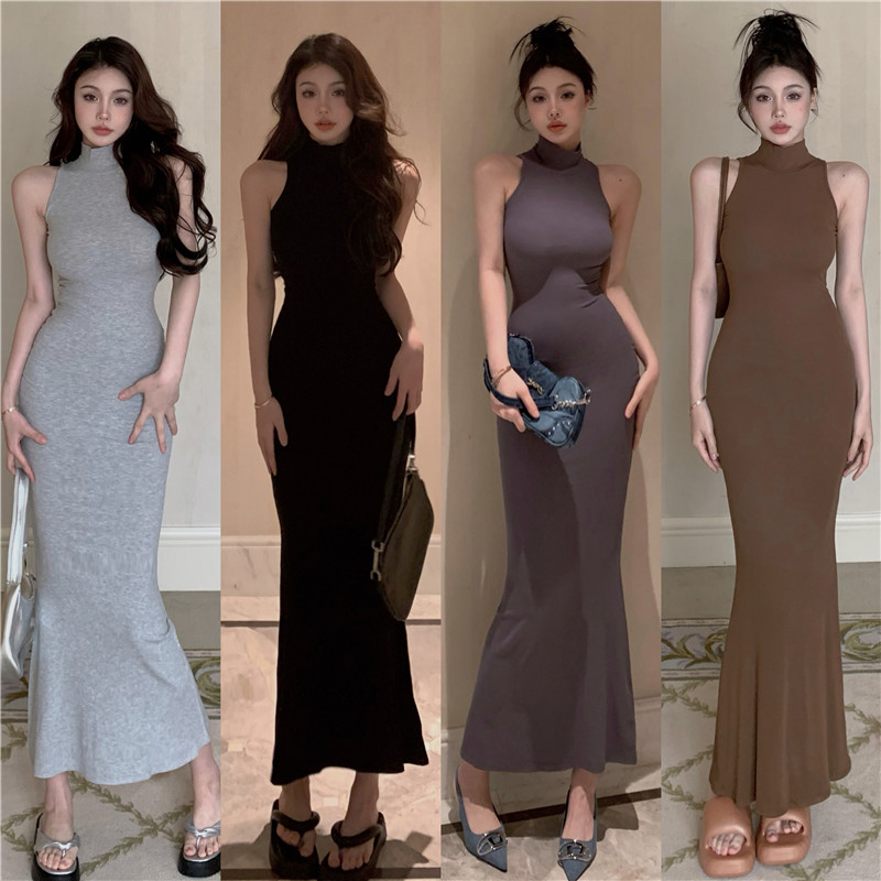 Real shot and real price~Spice girl pure desire half-high collar sleeveless tank top tight-fitting figure sexy fishtail long dress