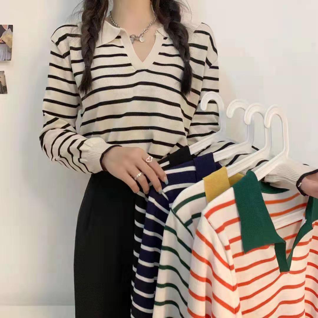 Korean color contrast Vintage stripe knitted T-shirt for women 2021