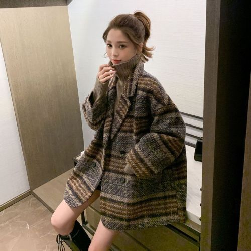 Autumn / winter 2020 new Korean small tweed coat women's middle long British style thickened loose plaid coat