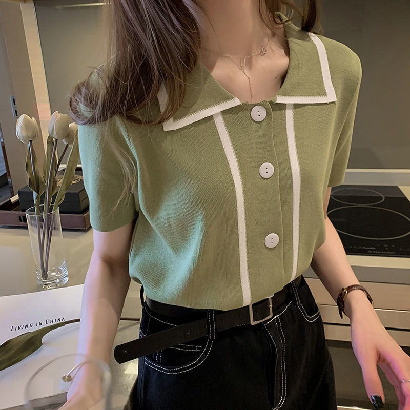 Contrast Avocado Green short sleeve T-shirt women's summer ice thin French versatile polo