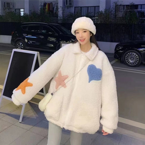 Lamb wool embroidery plus velvet thick coat women's small 2022 autumn and winter all-match loose furry top