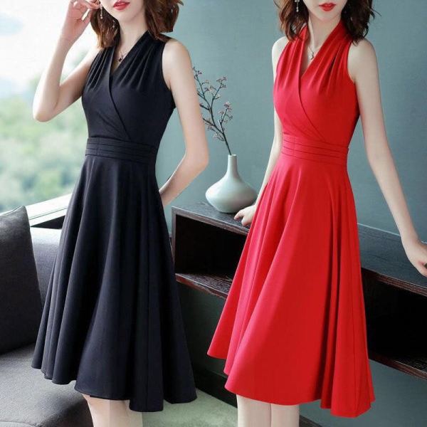 Red dress female Hepburn style long small black skirt collar skirt slim temperament bottom skirt female