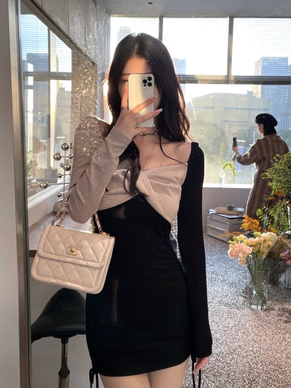 Pure wild cat contrast color stitching off shoulder skirt elastic slim temperament Hip Wrap Dress