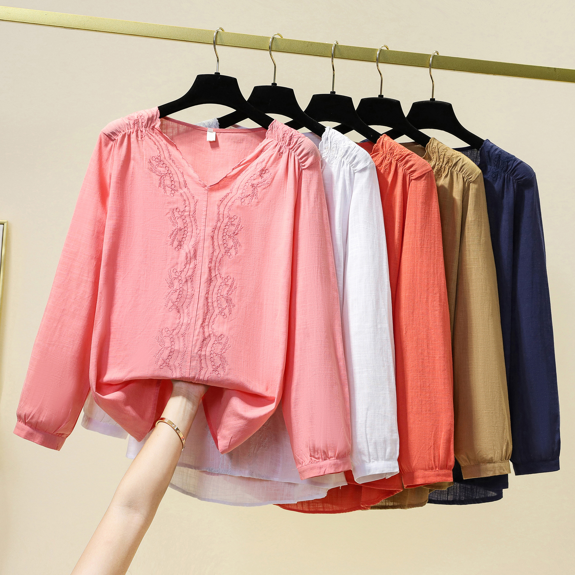 Real shot cotton and linen mid-length shirt women's literary top women's autumn new coat women's linen long-sleeved shirt