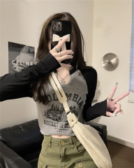 Real price real shot printing tight long-sleeved T-shirt women's autumn design sense retro hot girl top